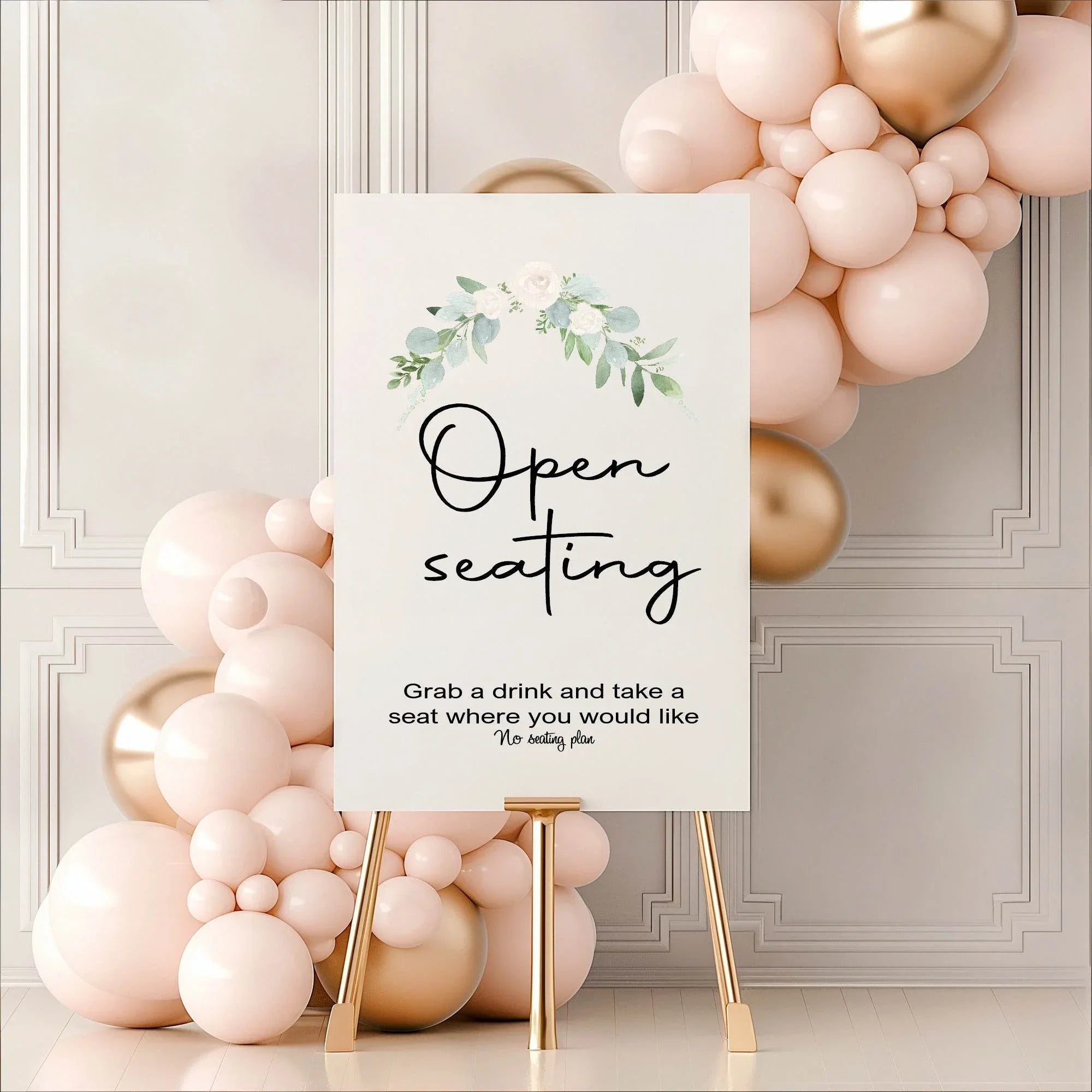 Green & White Rose Open Seating Wedding Party Sign - Larosier Prints