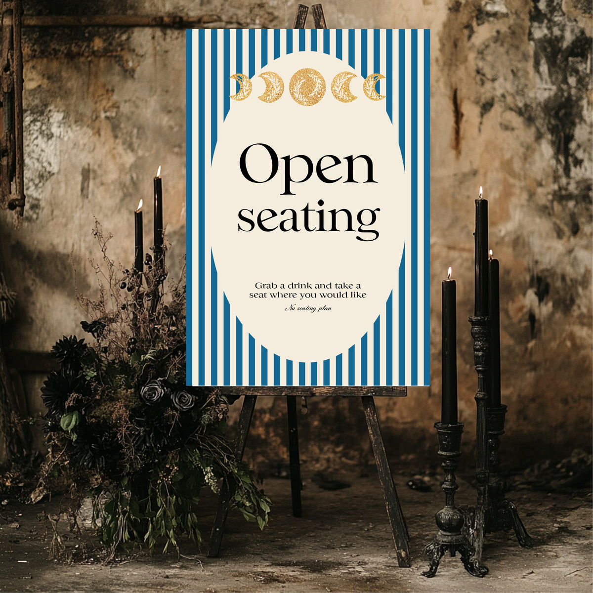 Blue Celestial wedding open seating sign