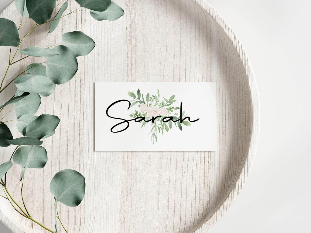 Green & White Rose Wedding Place Cards | Pack of 10 | Flat Design - Larosier Prints