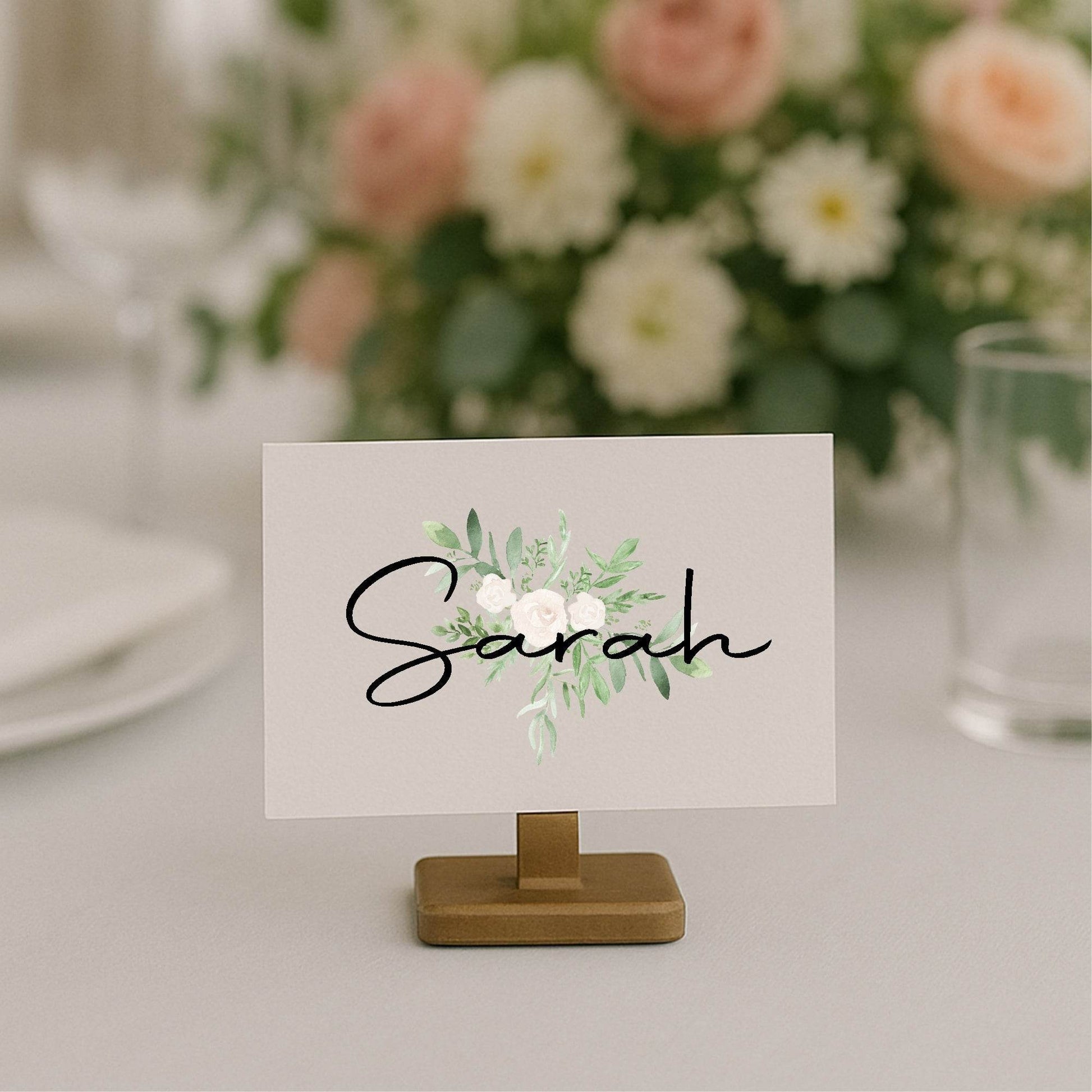 Green & White Rose Wedding Place Cards | Pack of 10 | Flat Design