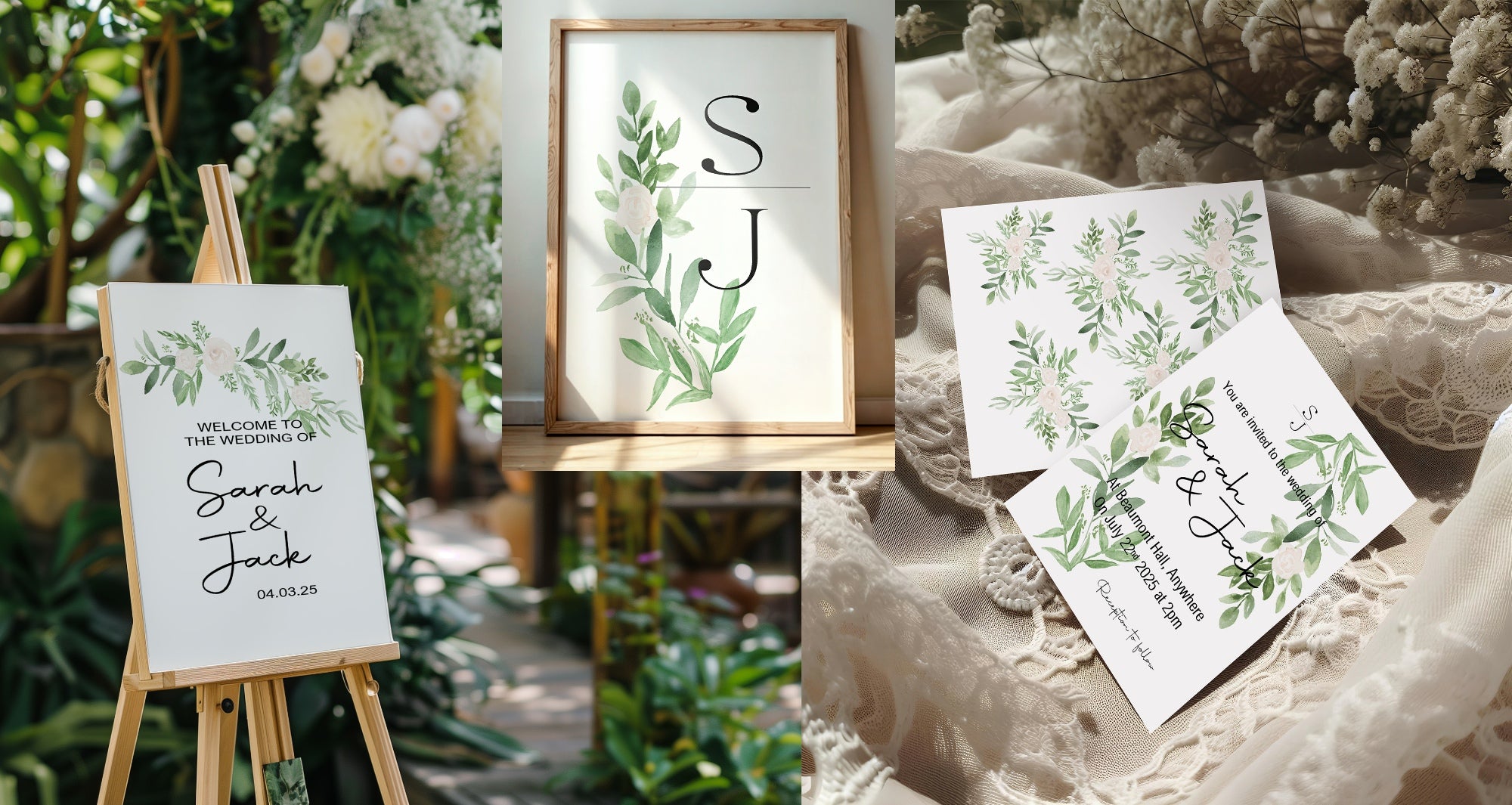 Collage of wedding stationery items with greenery and monogram designs.