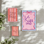 Kiss Me Print | Romantic Quote Wall Art | Bow Border & Pink Stripes - Larosier Prints