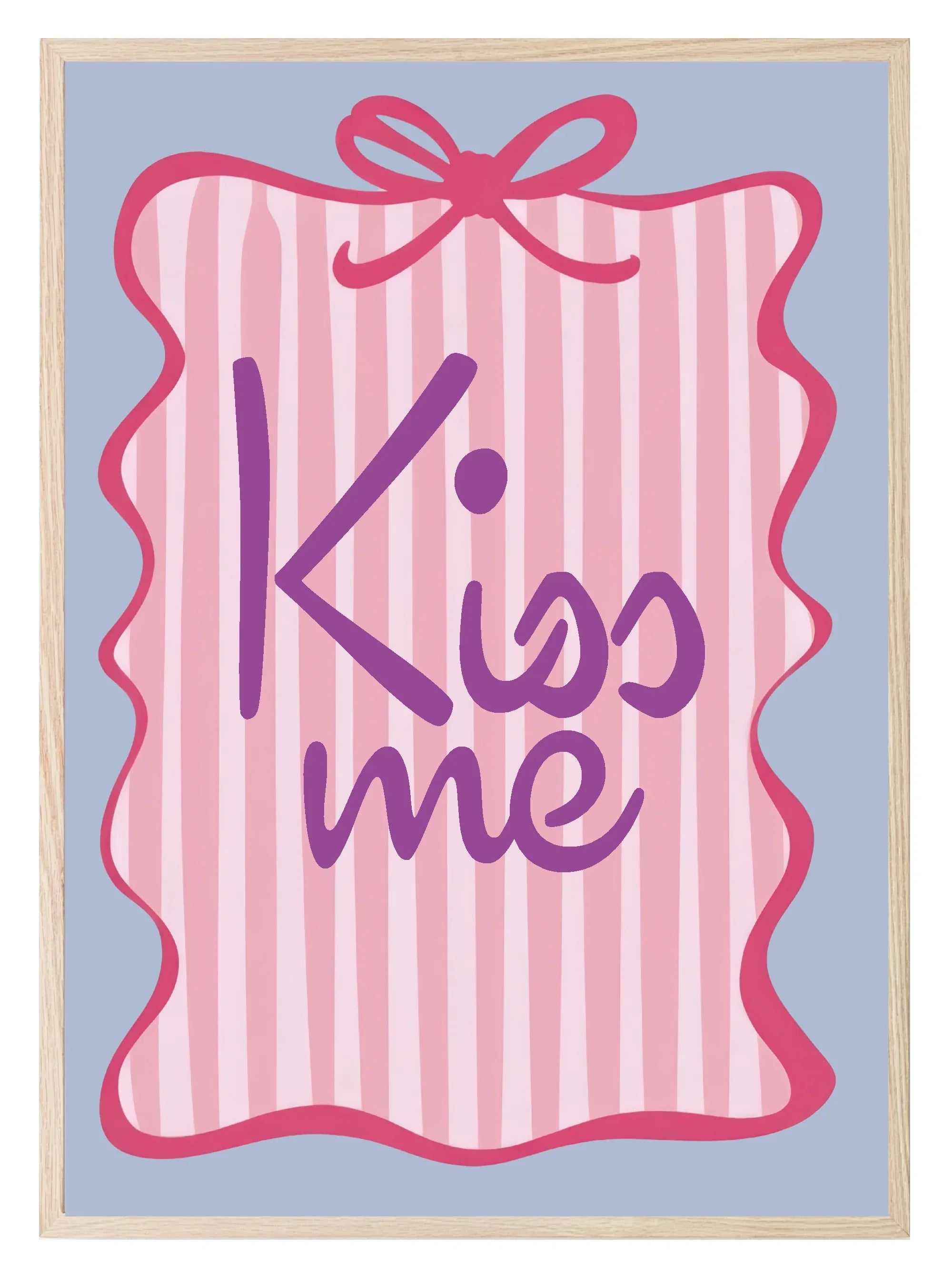 Kiss Me Print | Romantic Quote Wall Art | Bow Border & Pink Stripes - Larosier Prints