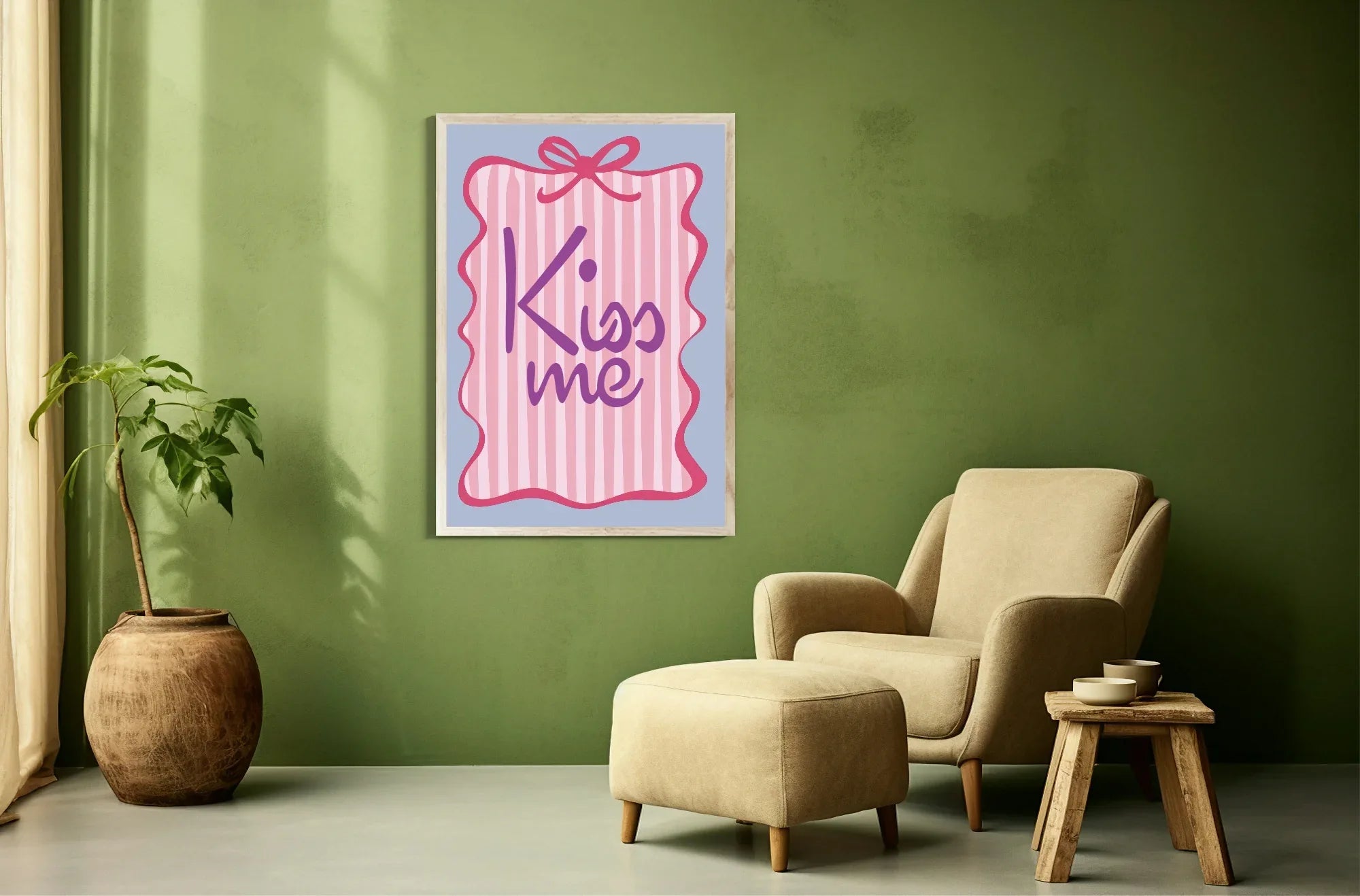 Kiss Me Print | Romantic Quote Wall Art | Bow Border & Pink Stripes - Larosier Prints