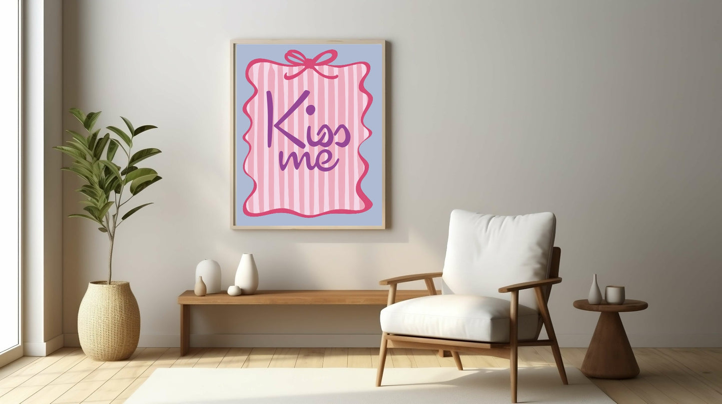 Kiss Me Print | Romantic Quote Wall Art | Bow Border & Pink Stripes