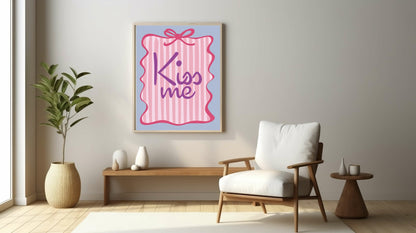 Kiss Me Print | Romantic Quote Wall Art | Bow Border & Pink Stripes