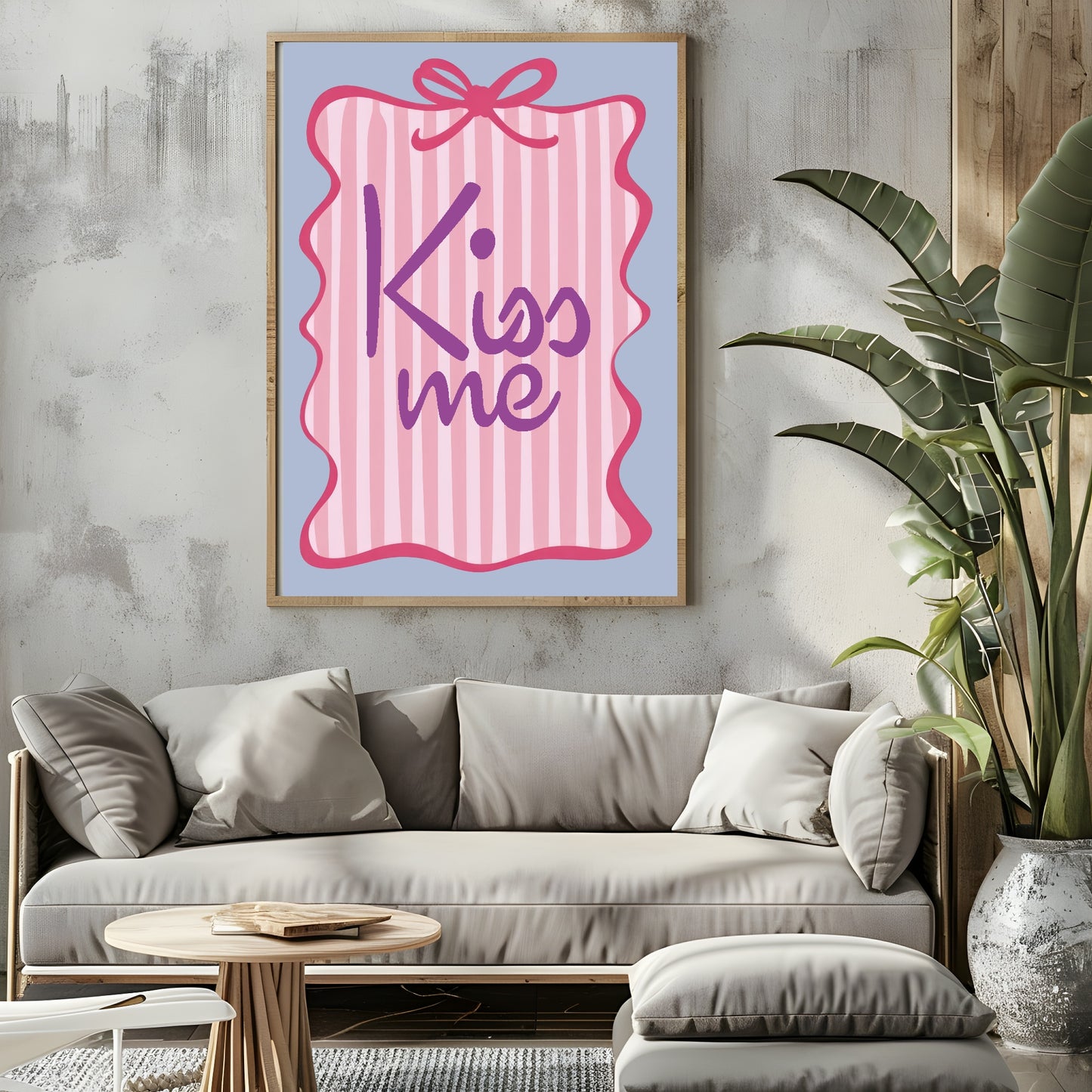 Kiss Me Print | Romantic Quote Wall Art | Bow Border & Pink Stripes