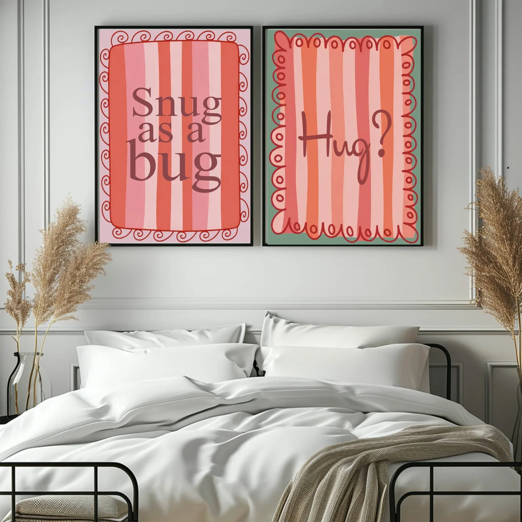 Snug As A Bug Print | Cosy Wall Art | Pink Stripes & Round Border - Larosier Prints