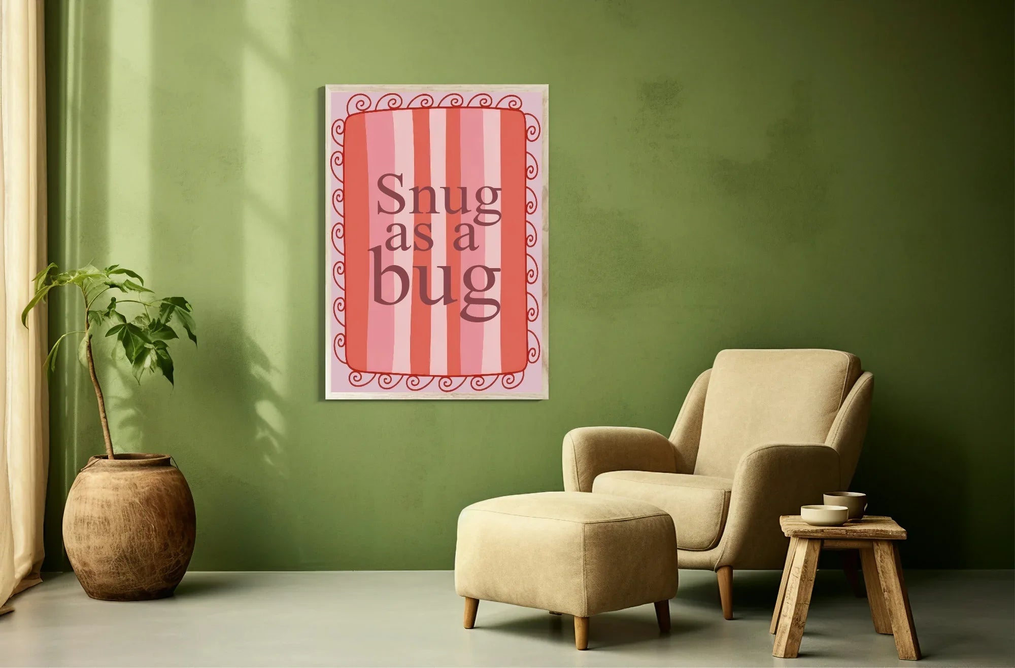 Snug As A Bug Print | Cosy Wall Art | Pink Stripes & Round Border - Larosier Prints