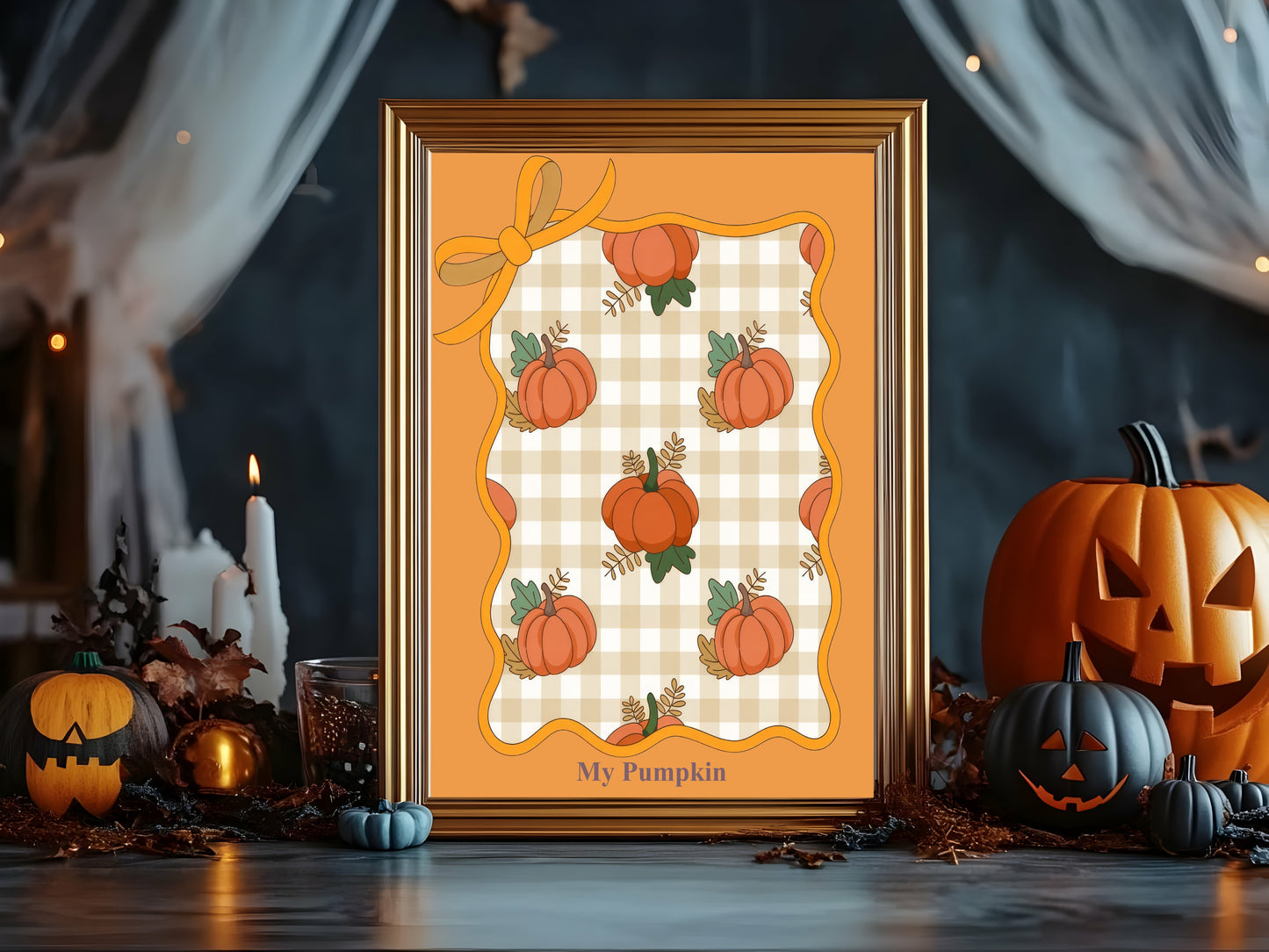My Pumpkin Print | Autumn Wall Art | Pumpkin Pattern & Checkered Background