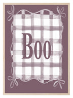 Boo Checkered Print | Halloween Wall Art | Purple Background & Round Border - Larosier Prints