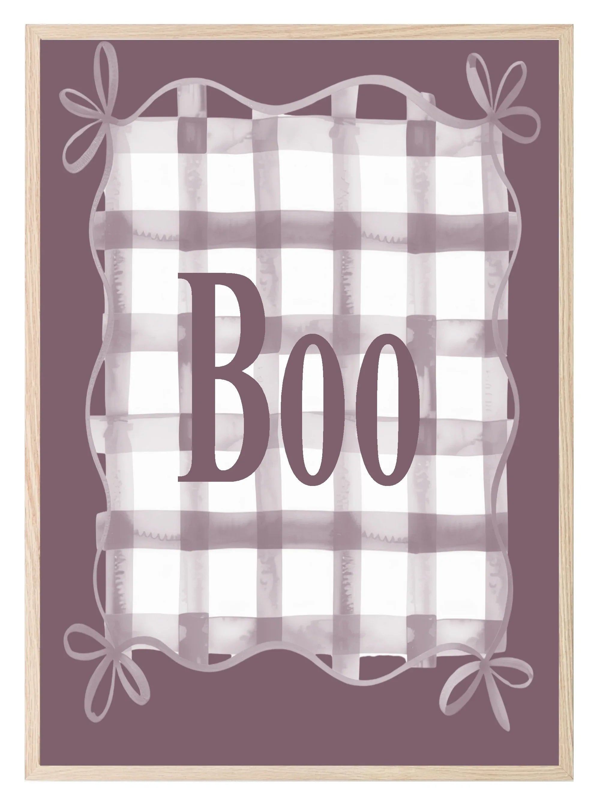 Boo Checkered Print | Halloween Wall Art | Purple Background & Round Border - Larosier Prints