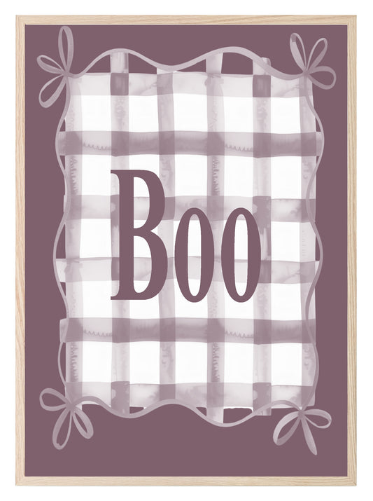 Boo Checkered Print | Halloween Wall Art | Purple Background & Round Border