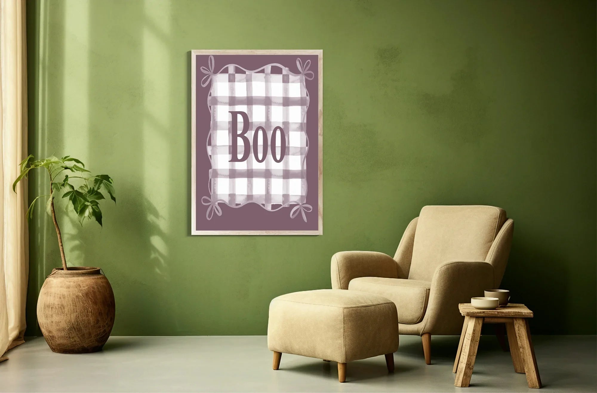 Boo Checkered Print | Halloween Wall Art | Purple Background & Round Border - Larosier Prints
