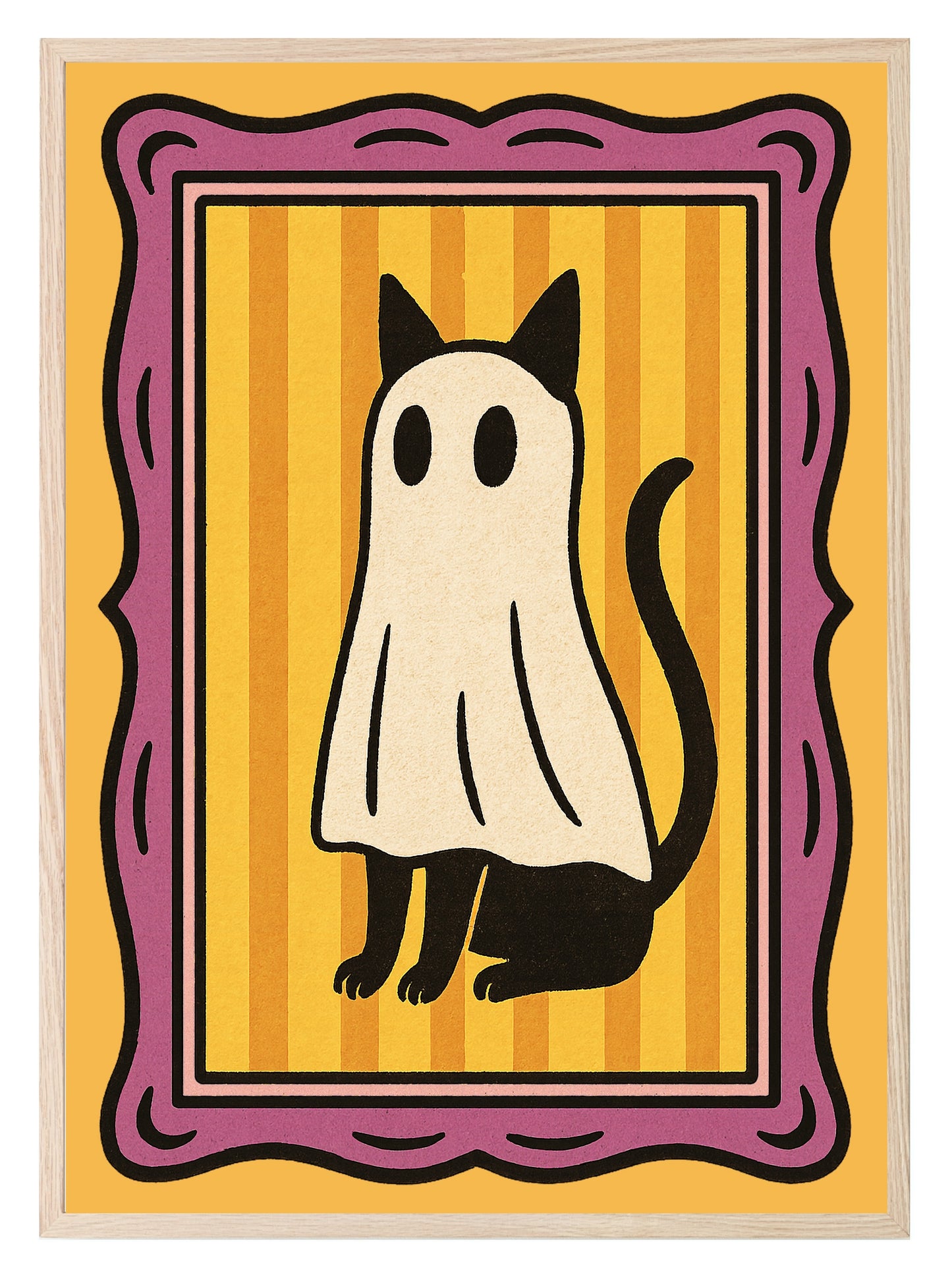 Ghost Cat Print | Halloween Wall Art | Orange Stripes & Purple Border