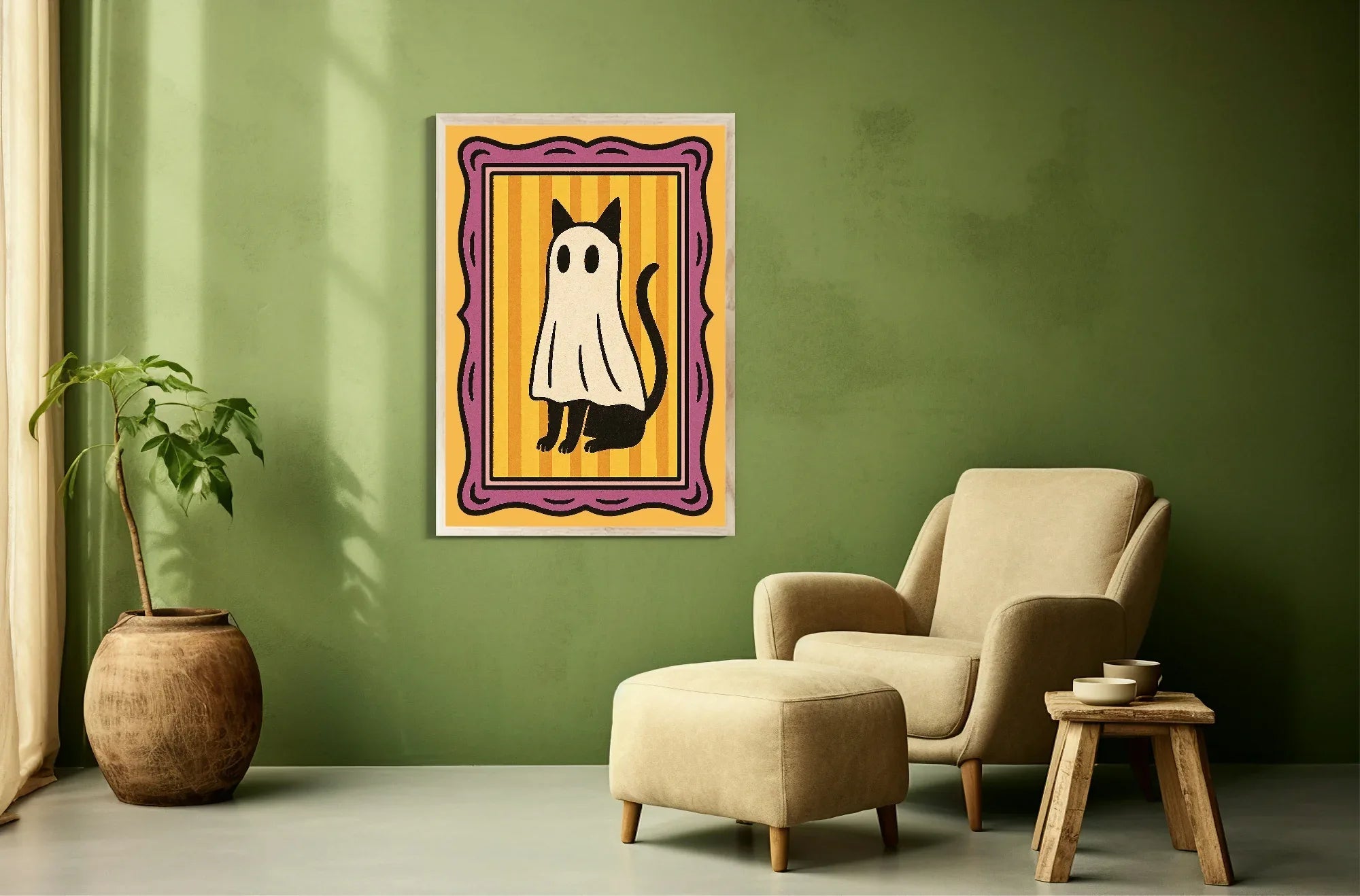 Ghost Cat Print | Halloween Wall Art | Orange Stripes & Purple Border - Larosier Prints