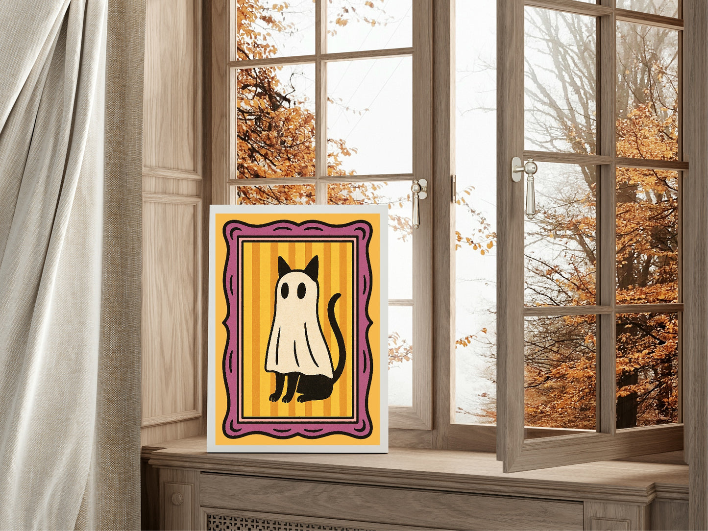 Ghost Cat Print | Halloween Wall Art | Orange Stripes & Purple Border