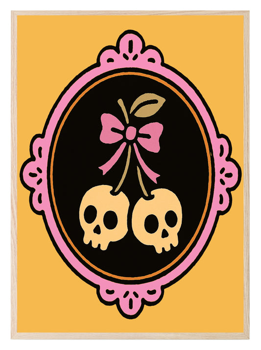 Cherry Skulls Print | Gothic Wall Art | Black & Orange Background