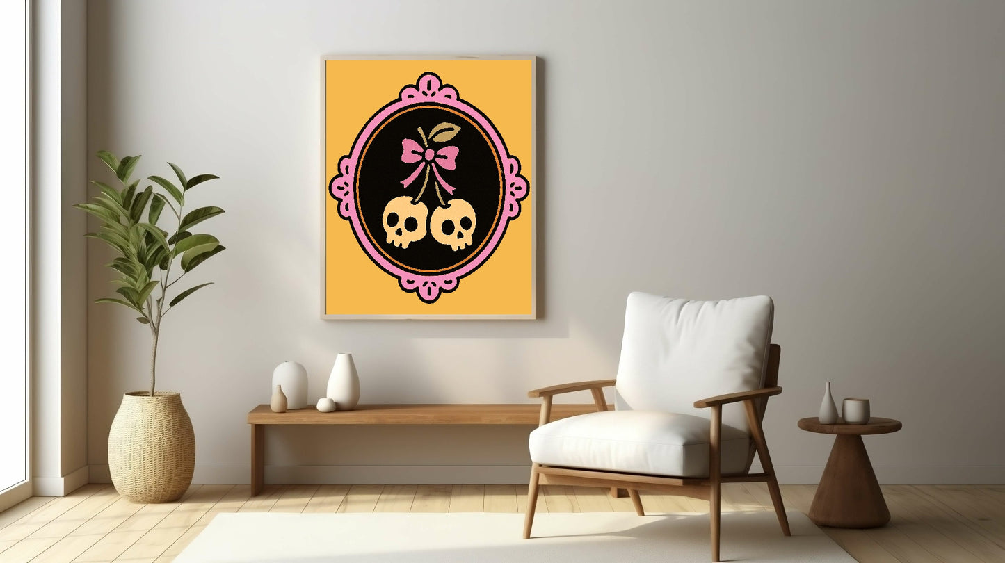 Cherry Skulls Print | Gothic Wall Art | Black & Orange Background