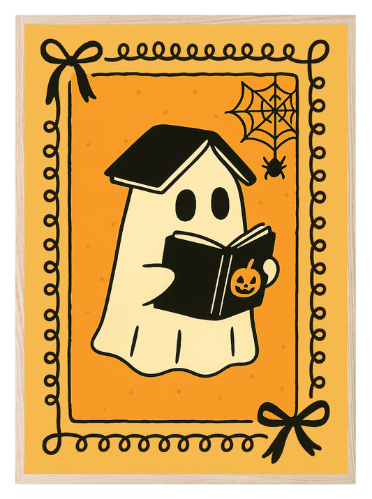 Ghost Reader Print | Halloween Wall Art | Orange Background | Black Border