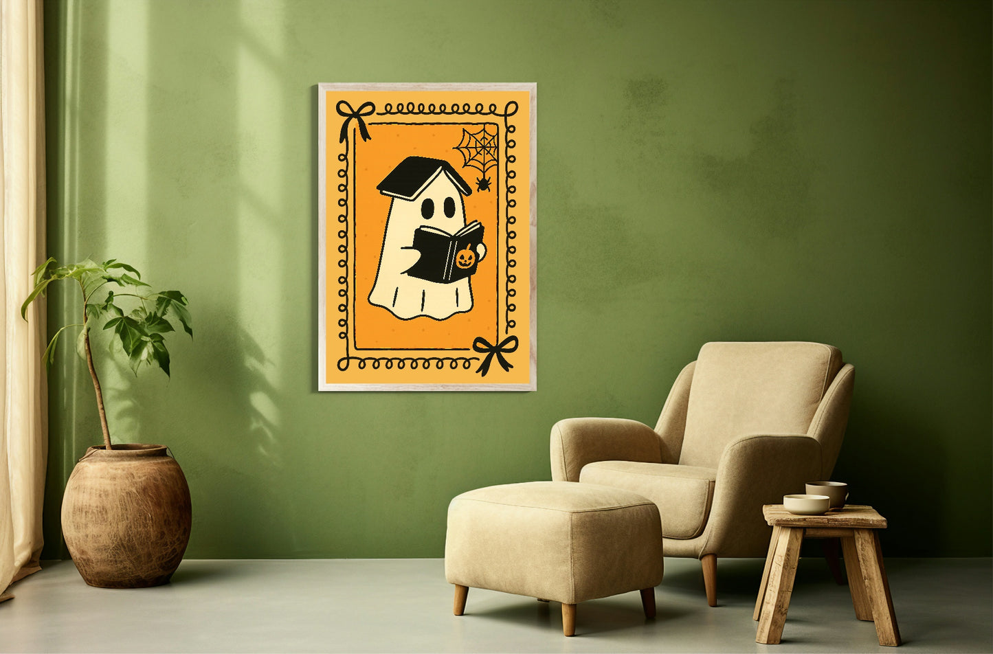 Ghost Reader Print | Halloween Wall Art | Orange Background | Black Border
