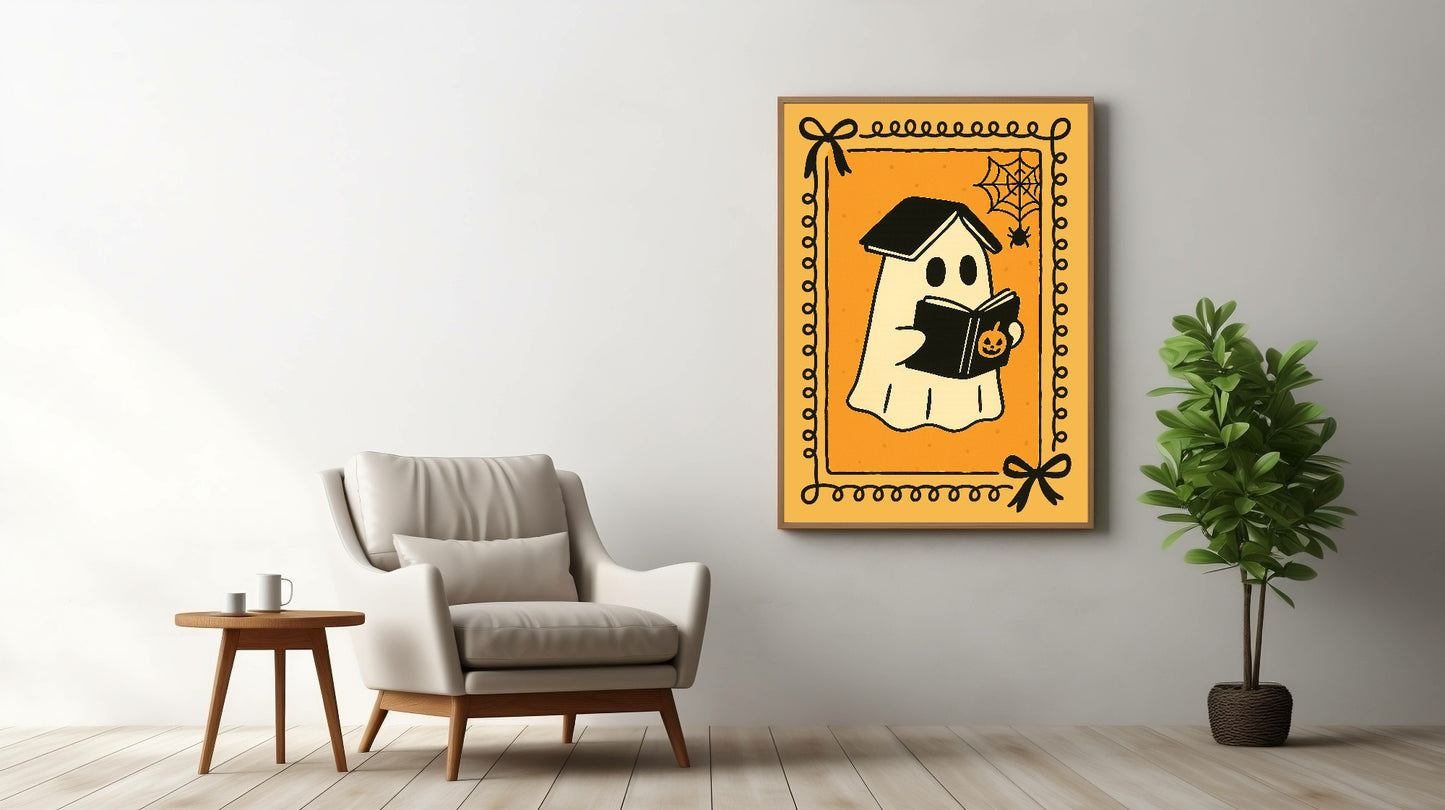 Ghost Reader Print | Halloween Wall Art | Orange Background | Black Border