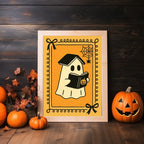 Ghost Reader Print | Halloween Wall Art | Orange Background | Black Border - Larosier Prints