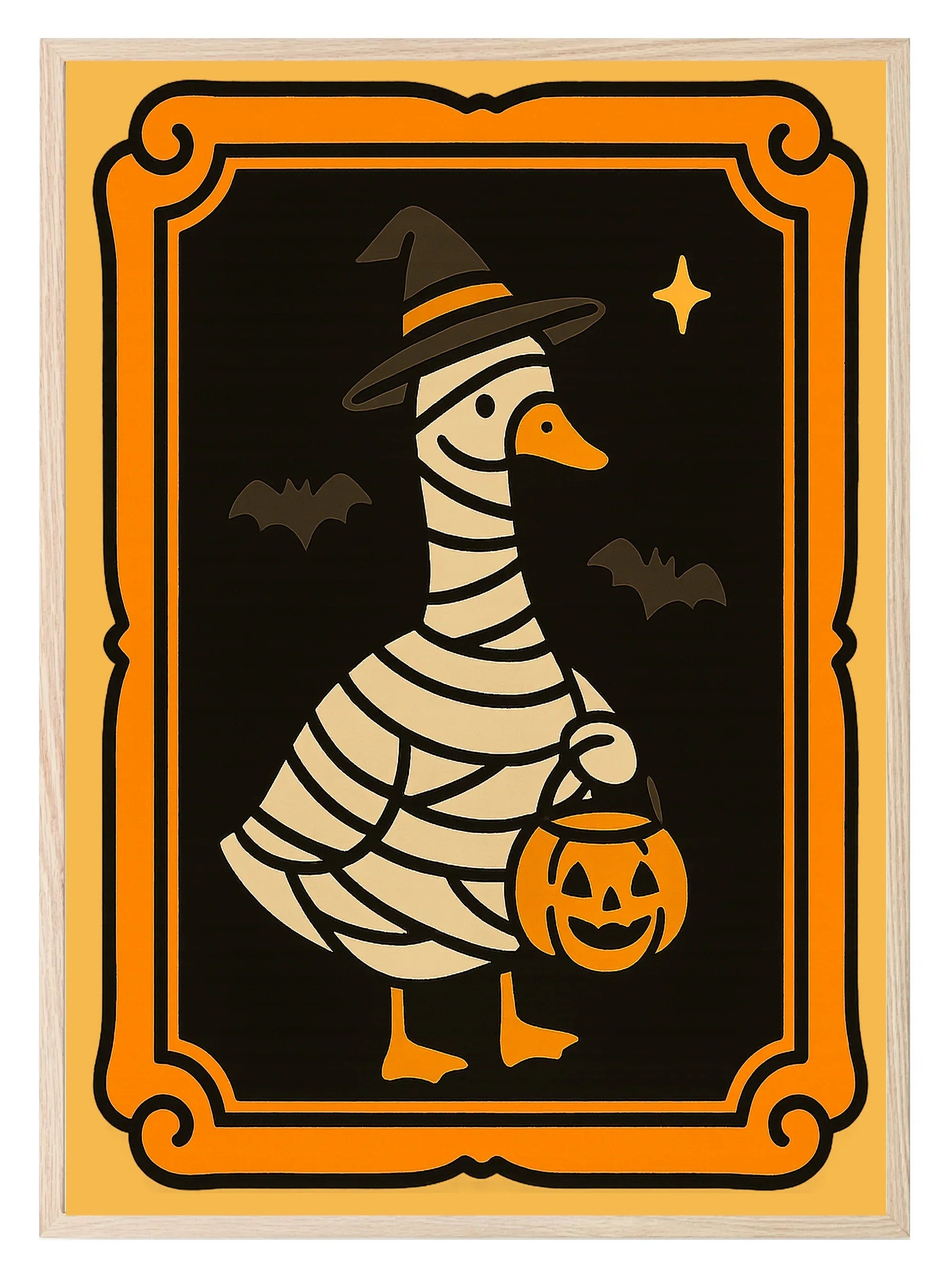 Halloween Goose Print | Spooky Wall Art | Black Background | Orange Border - Larosier Prints