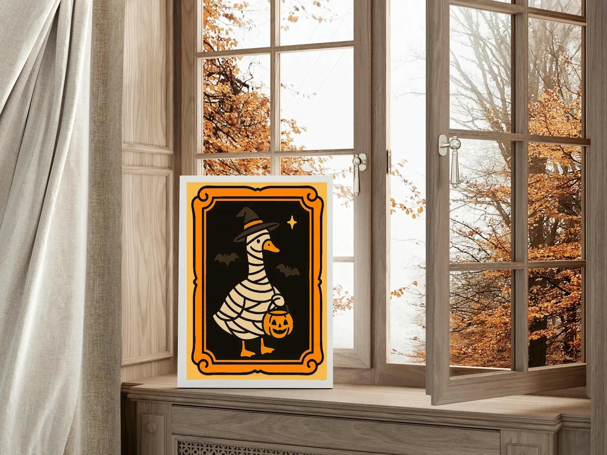 Halloween Goose Print | Spooky Wall Art | Black Background | Orange Border - Larosier Prints