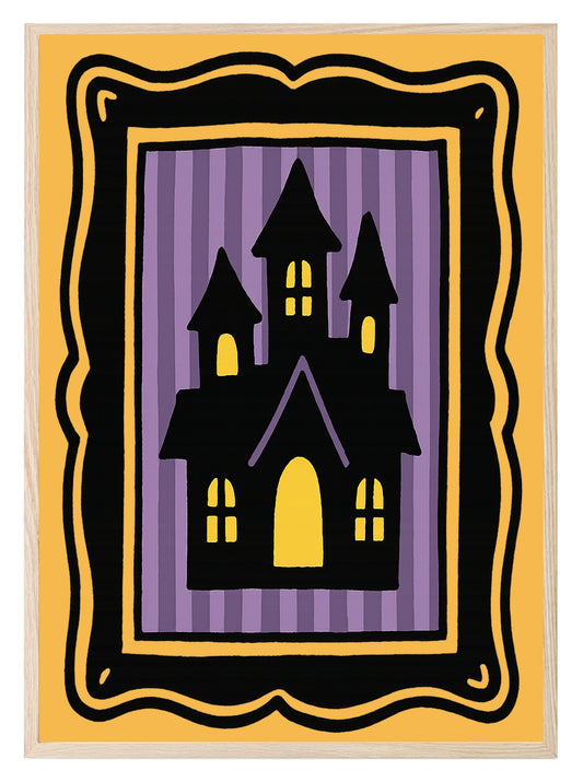 Haunted House Print | Halloween Wall Art | Purple Stripes | Black Border