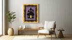 Haunted House Print | Halloween Wall Art | Purple Stripes | Black Border - Larosier Prints