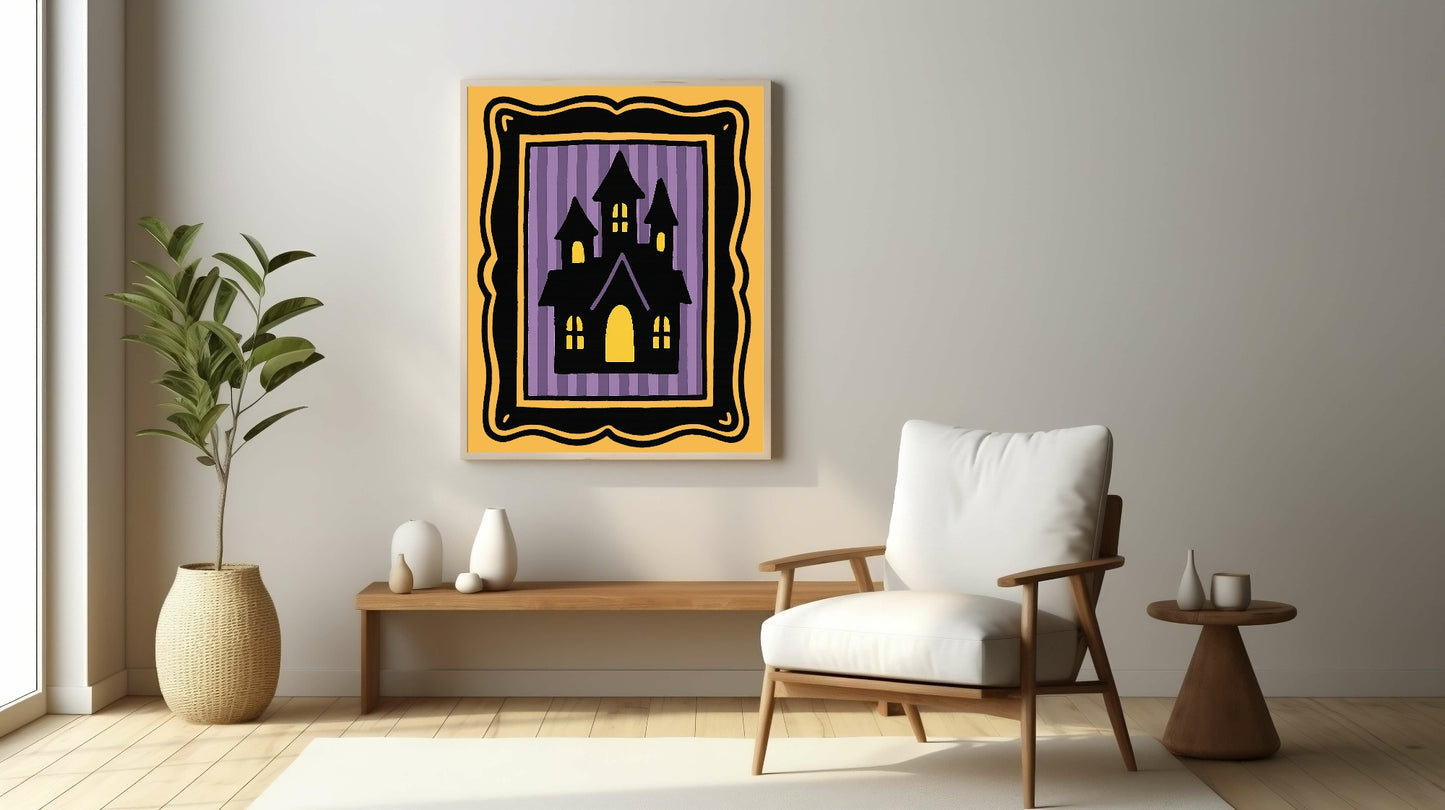 Haunted House Print | Halloween Wall Art | Purple Stripes | Black Border