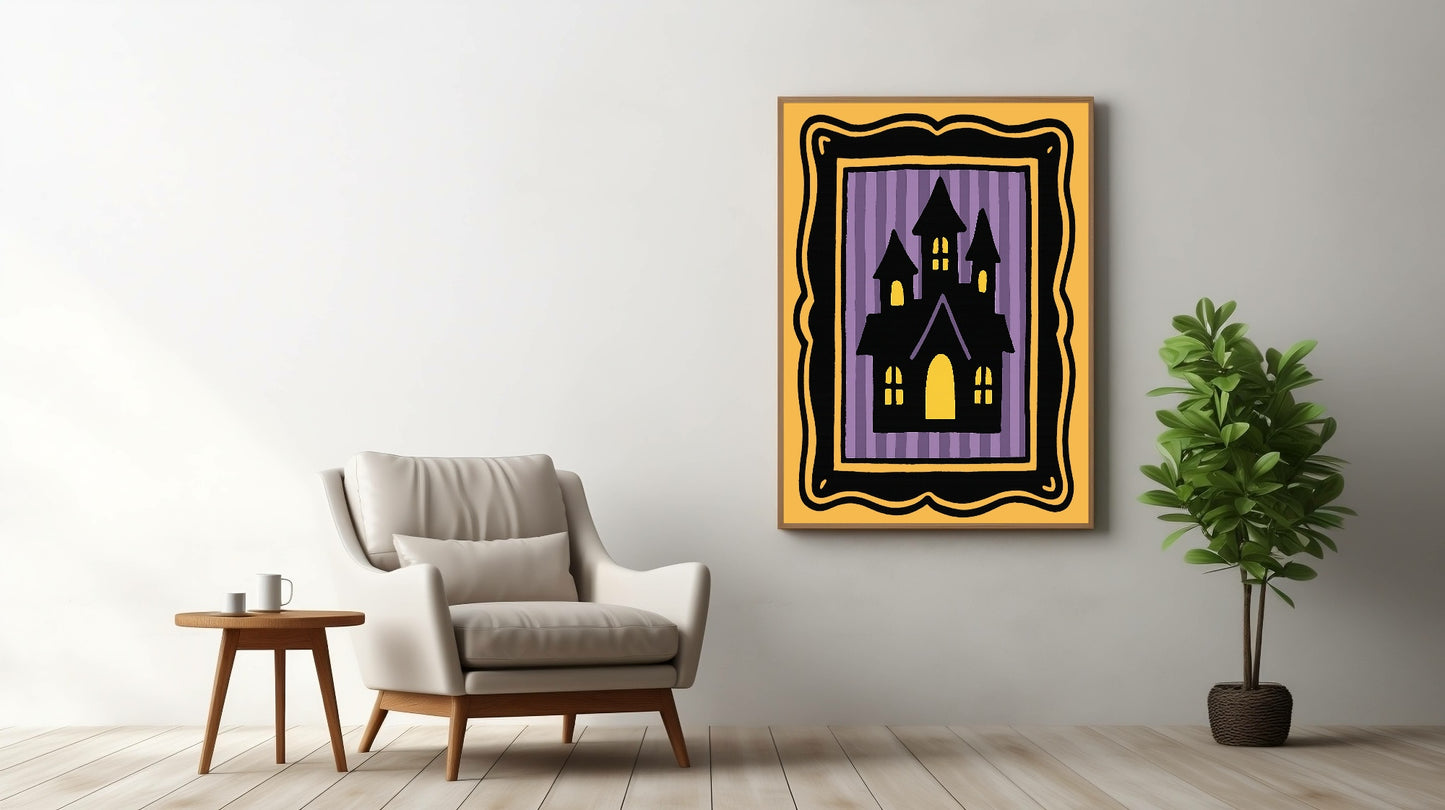Haunted House Print | Halloween Wall Art | Purple Stripes | Black Border