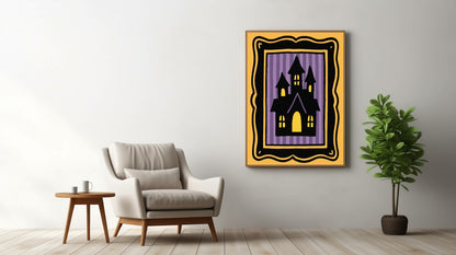 Haunted House Print | Halloween Wall Art | Purple Stripes | Black Border