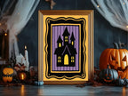 Haunted House Print | Halloween Wall Art | Purple Stripes | Black Border - Larosier Prints