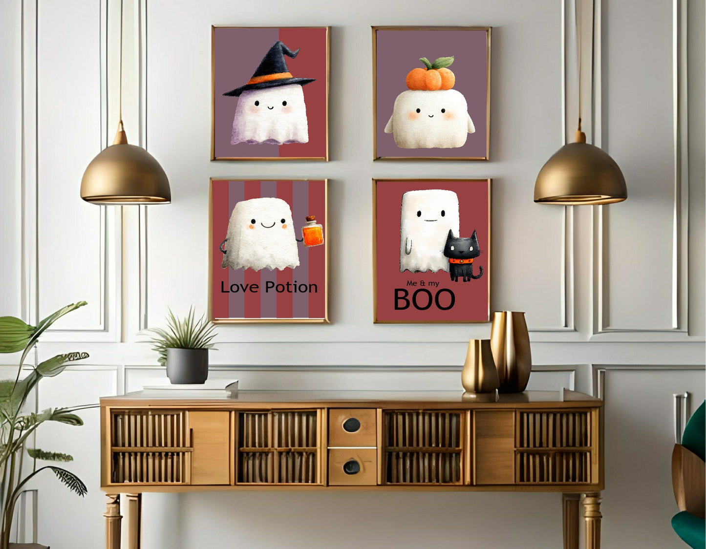 Me & My Boo Print | Cute Halloween Wall Art | Ghost & Cat | Red Background