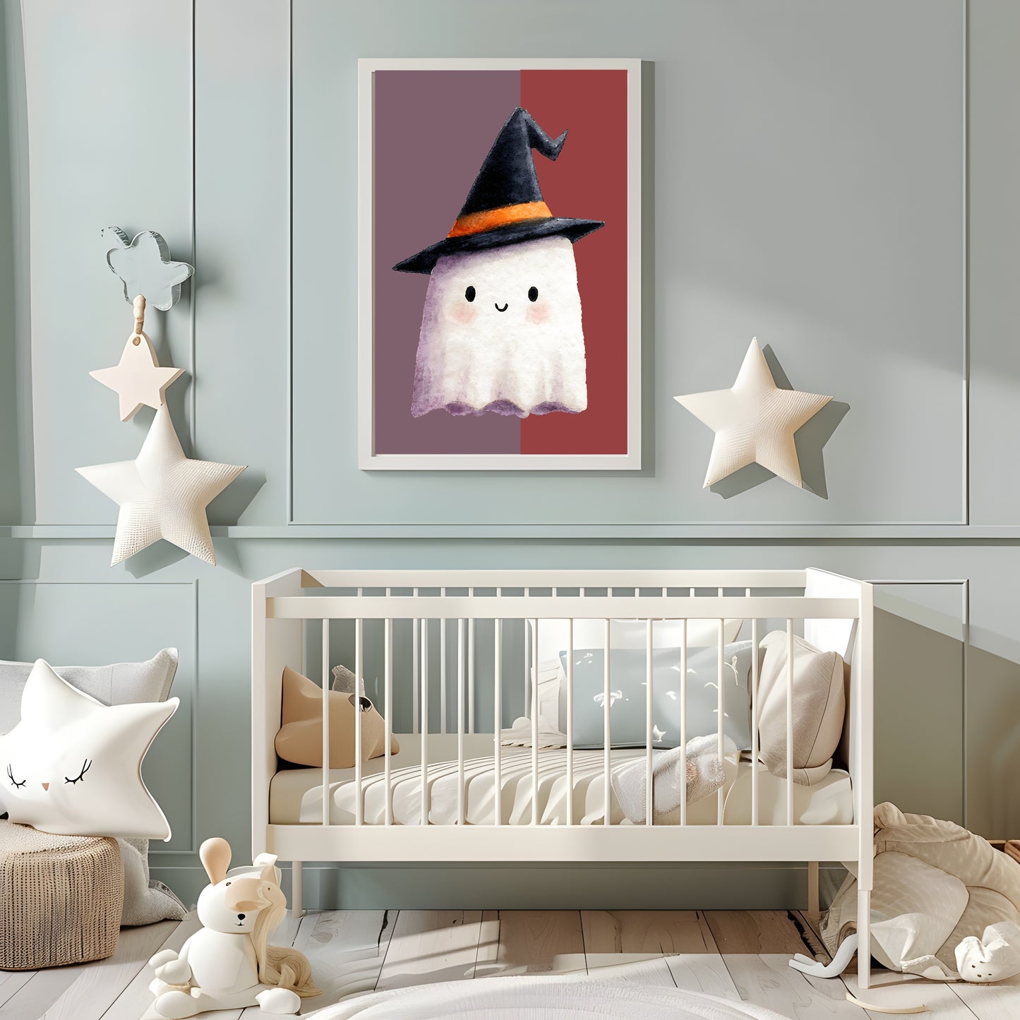 Cute Ghost Print | Halloween Wall Art | Purple & Red Background