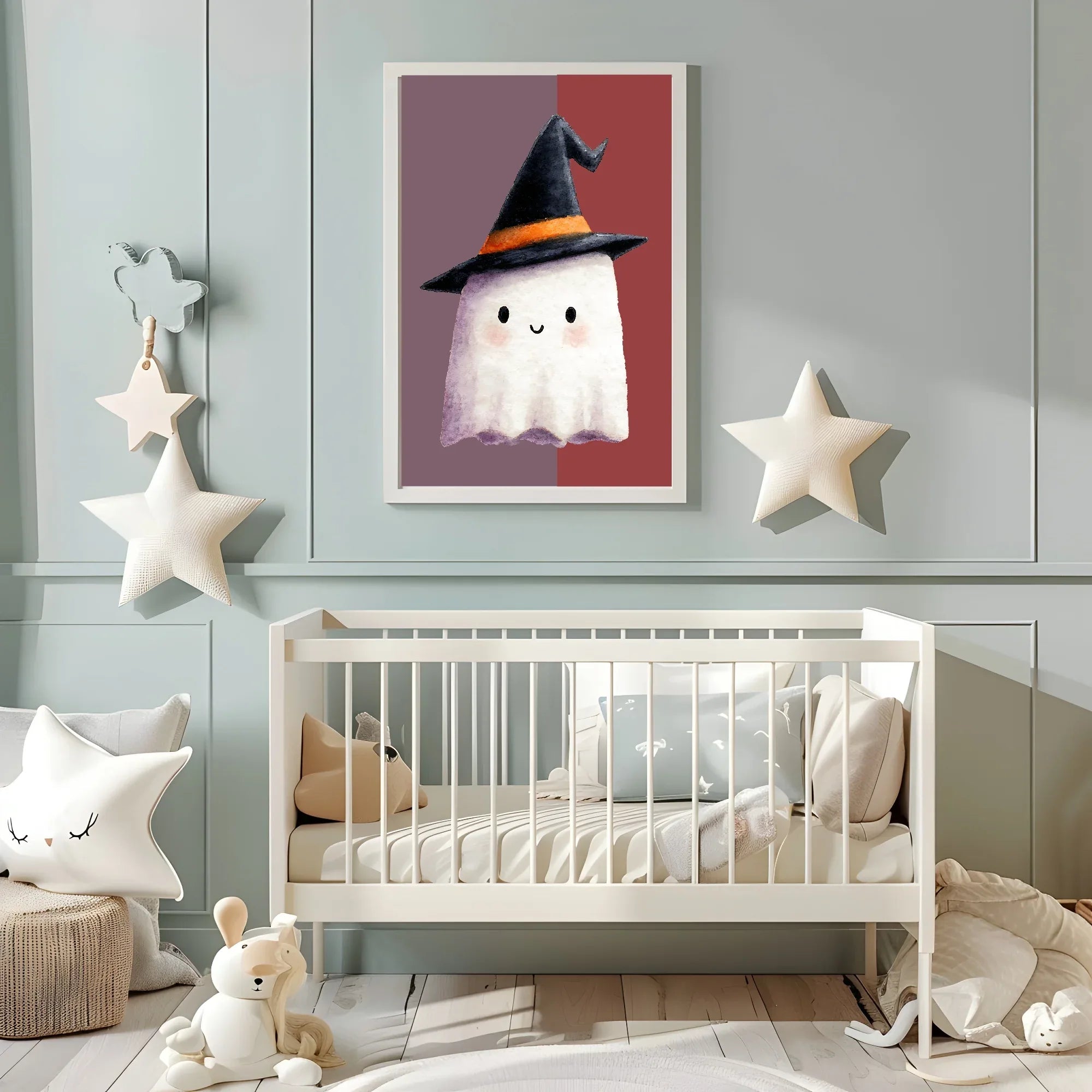 Cute Ghost Print | Halloween Wall Art | Purple & Red Background - Larosier Prints