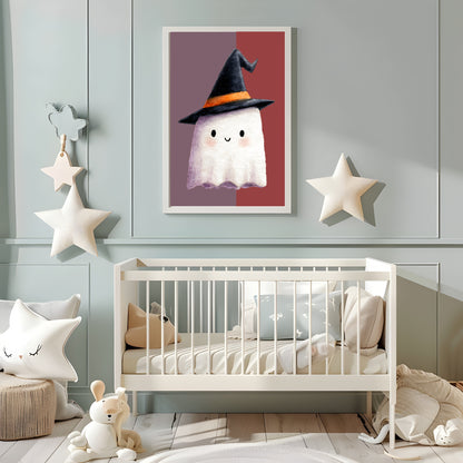 Cute Ghost Print | Halloween Wall Art | Purple & Red Background