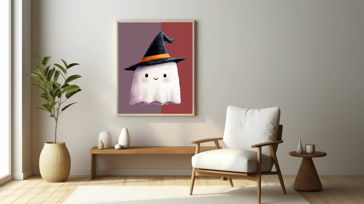 Cute Ghost Print | Halloween Wall Art | Purple & Red Background