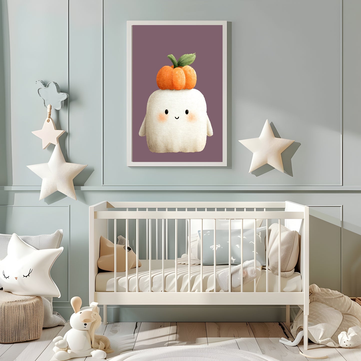 Cute Ghost Pumpkin Print | Halloween Wall Art | Purple Background