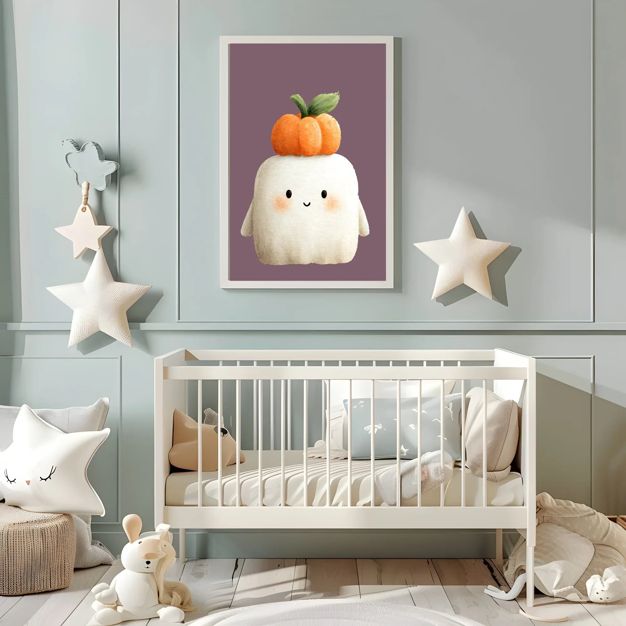 Cute Ghost Pumpkin Print | Halloween Wall Art | Purple Background - Larosier Prints