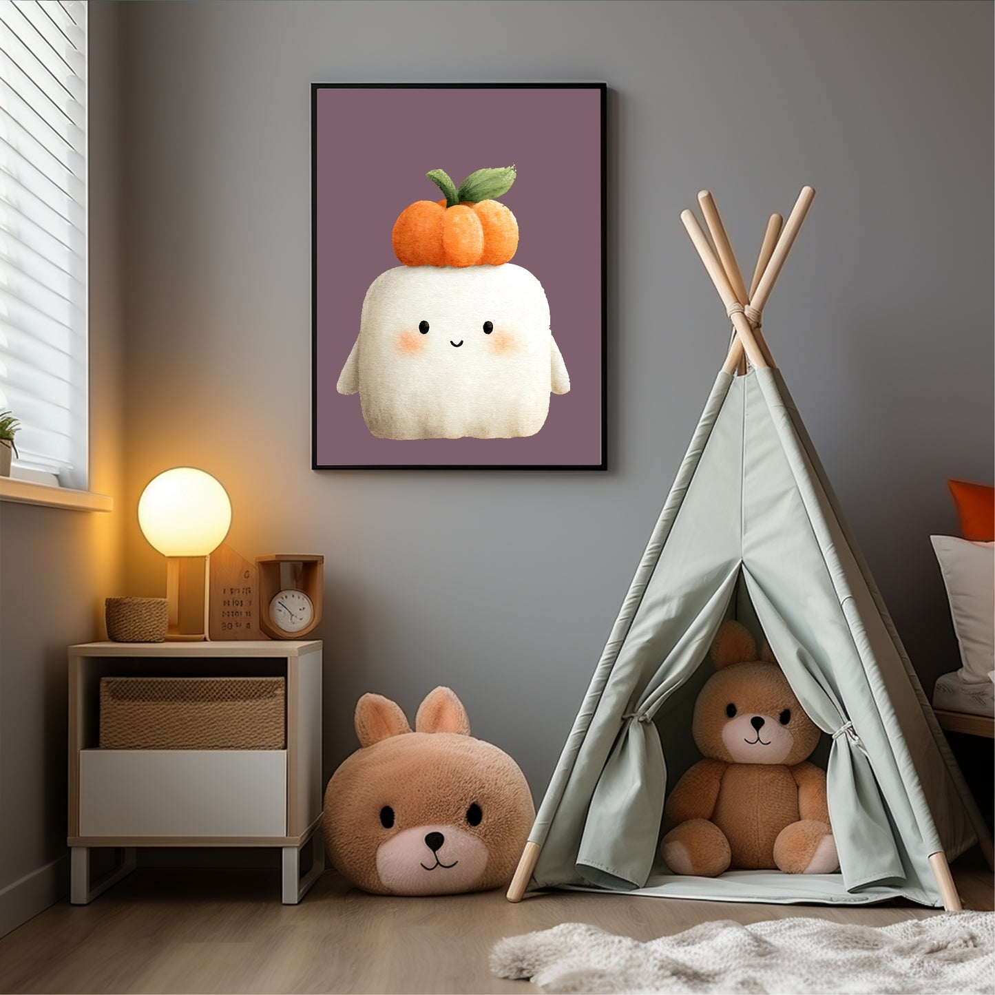 Cute Ghost Pumpkin Print | Halloween Wall Art | Purple Background