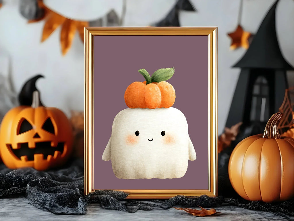 Cute Ghost Pumpkin Print | Halloween Wall Art | Purple Background - Larosier Prints
