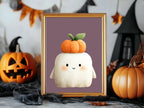 Cute Ghost Pumpkin Print | Halloween Wall Art | Purple Background - Larosier Prints