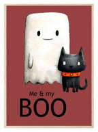 Me & My Boo Print | Cute Halloween Wall Art | Ghost & Cat | Red Background - Larosier Prints