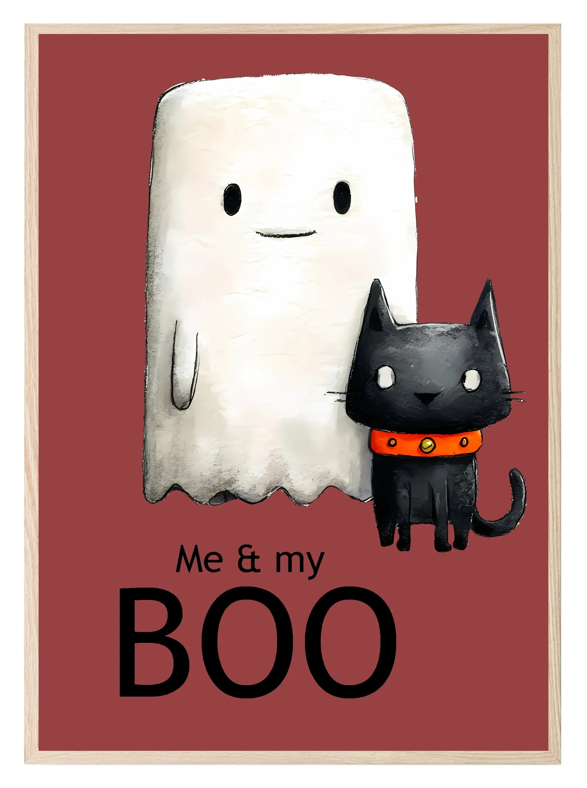 Me & My Boo Print | Cute Halloween Wall Art | Ghost & Cat | Red Background - Larosier Prints