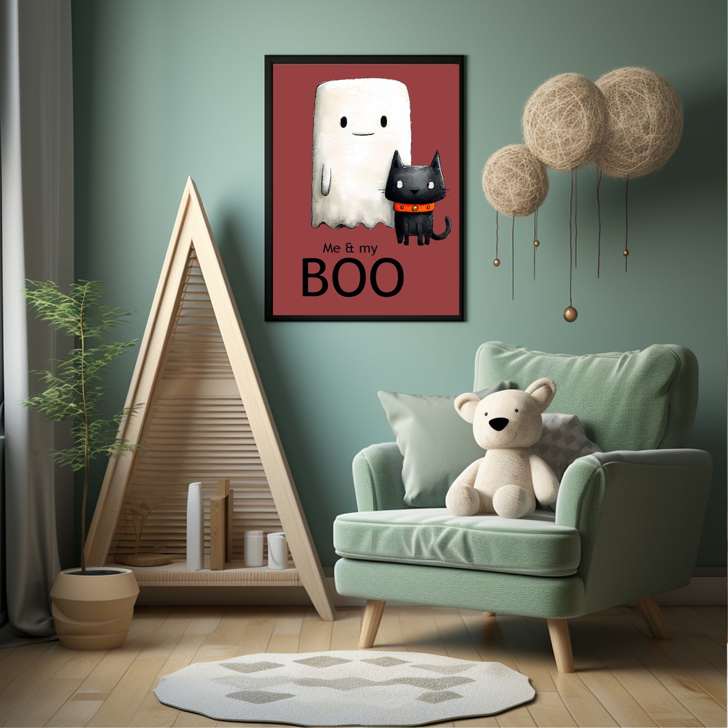 Me & My Boo Print | Cute Halloween Wall Art | Ghost & Cat | Red Background