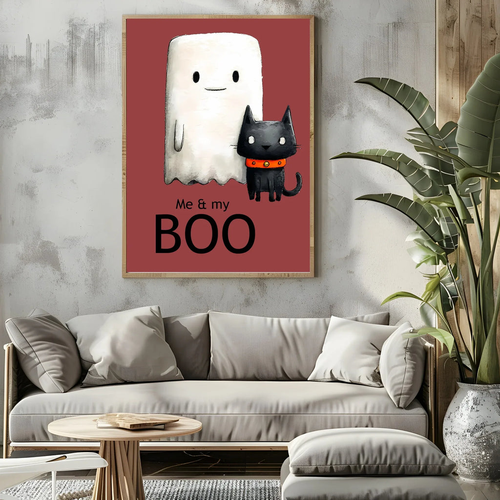 Me & My Boo Print | Cute Halloween Wall Art | Ghost & Cat | Red Background - Larosier Prints