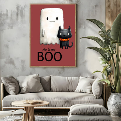 Me & My Boo Print | Cute Halloween Wall Art | Ghost & Cat | Red Background
